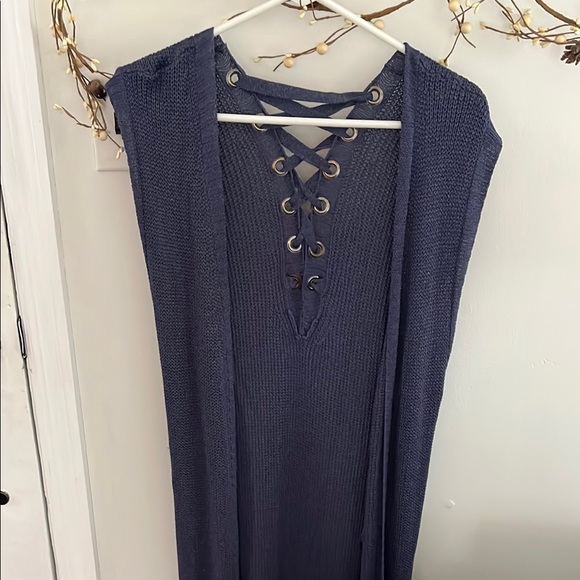Lace-Up Knit Sleeveless Top in Blue - Picture 1 of 5